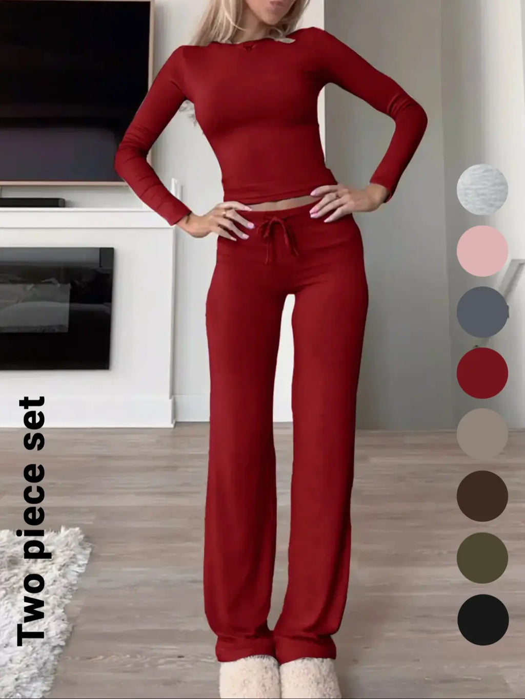 Women'S Solid-Color Long-Sleeve Soft Thick Knit Fabric Crop Tee & High-Waisted Drawstring Pants Two-Piece Set, Casual Slim-Fit Everyday Outfit for Fall and Winter, Womenswear