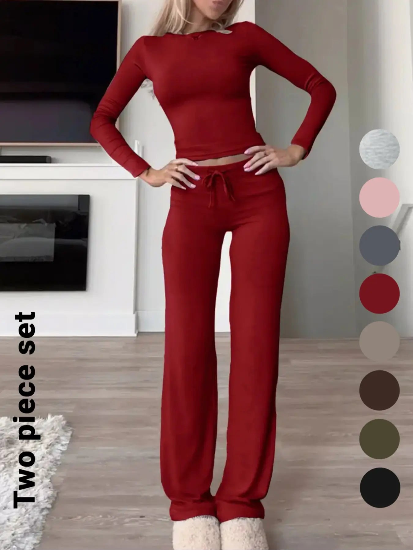 Women'S Solid-Color Long-Sleeve Soft Thick Knit Fabric Crop Tee & High-Waisted Drawstring Pants Two-Piece Set, Casual Slim-Fit Everyday Outfit for Fall and Winter, Womenswear