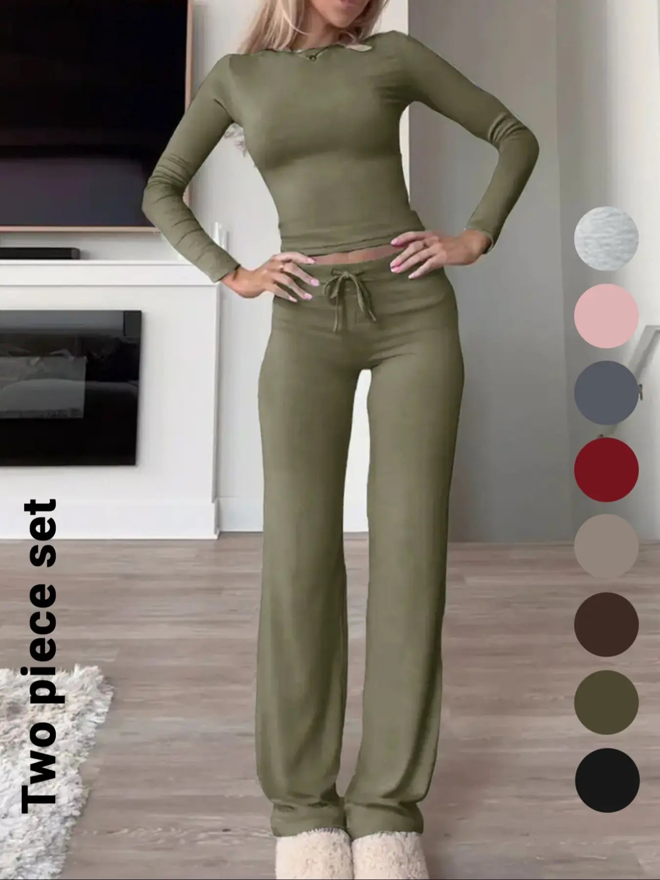 Women'S Solid-Color Long-Sleeve Soft Thick Knit Fabric Crop Tee & High-Waisted Drawstring Pants Two-Piece Set, Casual Slim-Fit Everyday Outfit for Fall and Winter, Womenswear