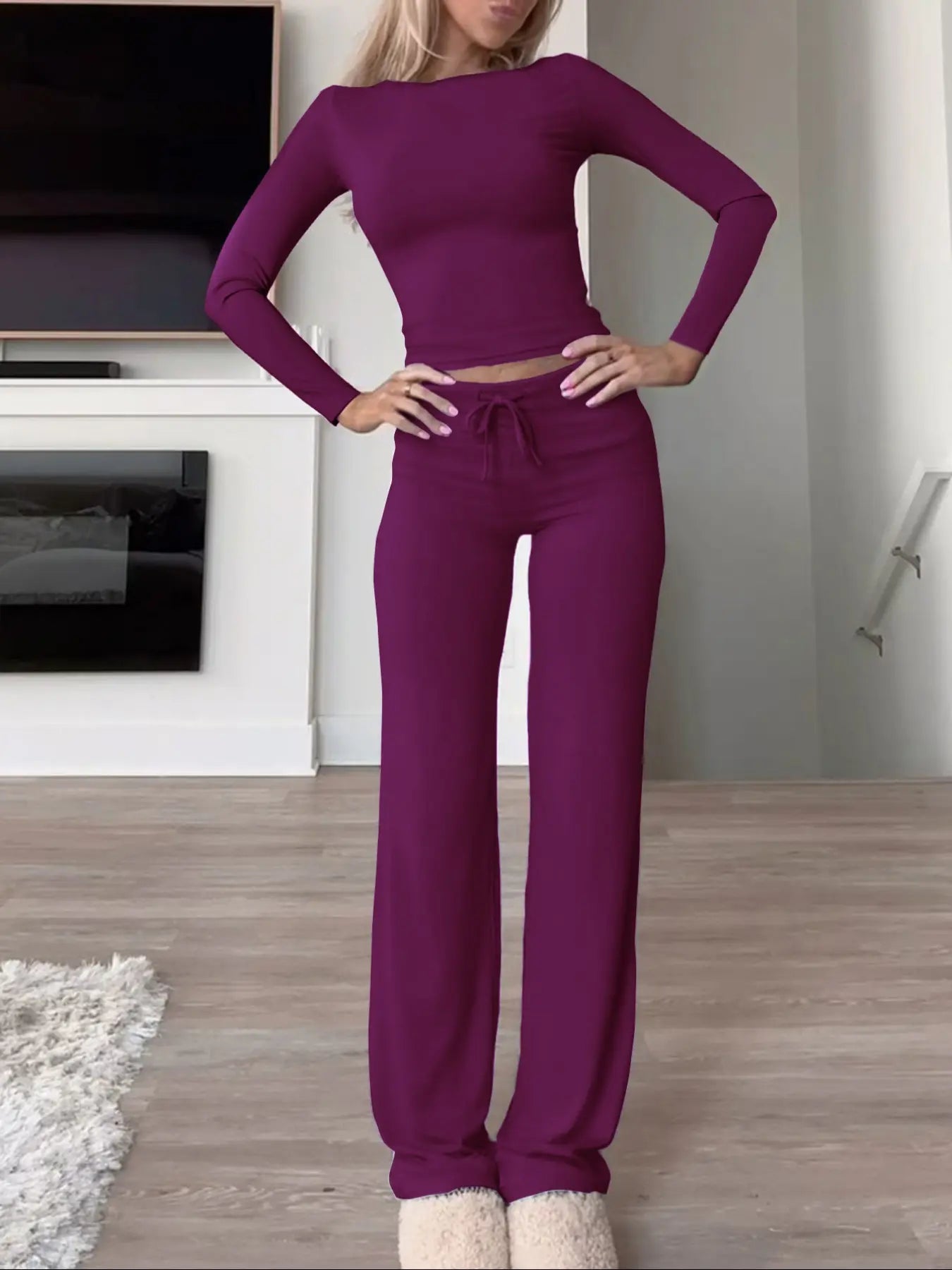Women'S Solid-Color Long-Sleeve Soft Thick Knit Fabric Crop Tee & High-Waisted Drawstring Pants Two-Piece Set, Casual Slim-Fit Everyday Outfit for Fall and Winter, Womenswear