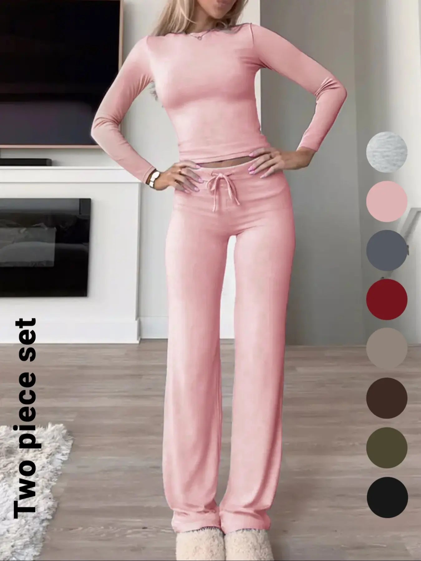 Women'S Solid-Color Long-Sleeve Soft Thick Knit Fabric Crop Tee & High-Waisted Drawstring Pants Two-Piece Set, Casual Slim-Fit Everyday Outfit for Fall and Winter, Womenswear