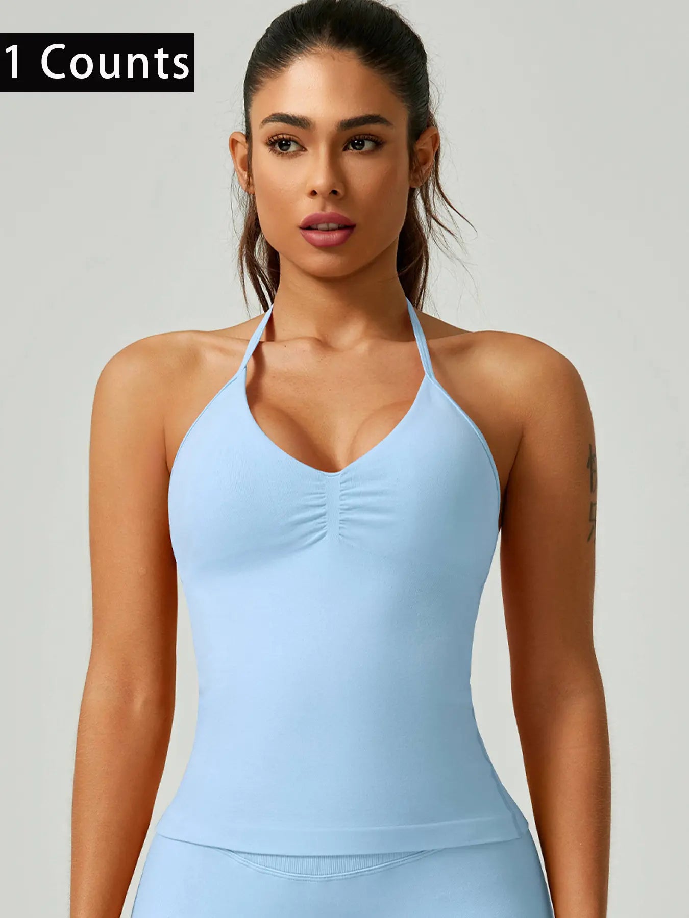 Women'S Solid Color Ruched Halter Neck Sports Vest, Breathable Comfortable Backless Sports Tank Top, Fashion Gym Top for Gym Workout, Ladies Sportswear for Indoor Outdoor Wear, Breathable Workout Tops