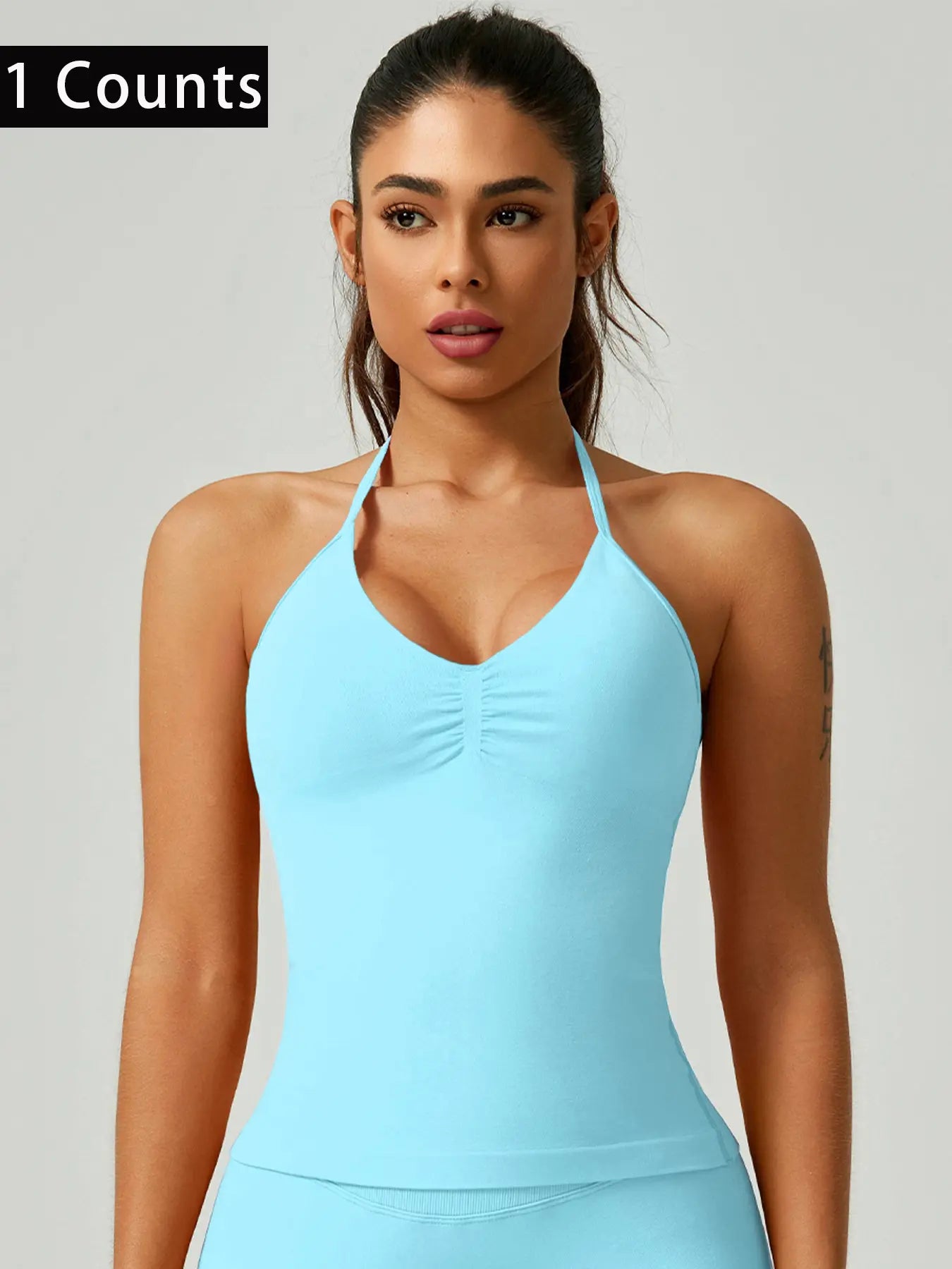 Women'S Solid Color Ruched Halter Neck Sports Vest, Breathable Comfortable Backless Sports Tank Top, Fashion Gym Top for Gym Workout, Ladies Sportswear for Indoor Outdoor Wear, Breathable Workout Tops