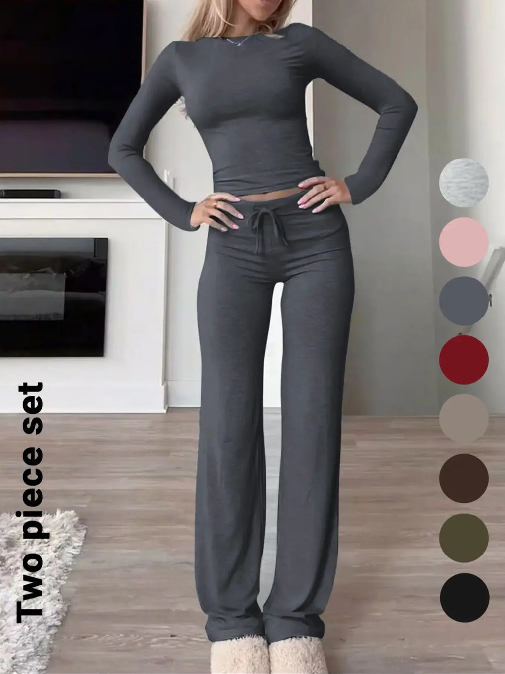 Women'S Solid-Color Long-Sleeve Soft Thick Knit Fabric Crop Tee & High-Waisted Drawstring Pants Two-Piece Set, Casual Slim-Fit Everyday Outfit for Fall and Winter, Womenswear