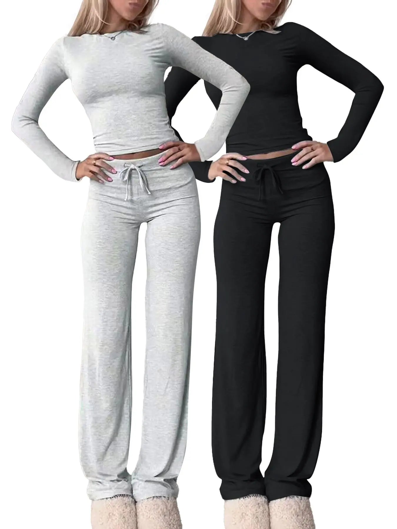 Women'S Solid-Color Long-Sleeve Soft Thick Knit Fabric Crop Tee & High-Waisted Drawstring Pants Two-Piece Set, Casual Slim-Fit Everyday Outfit for Fall and Winter, Womenswear
