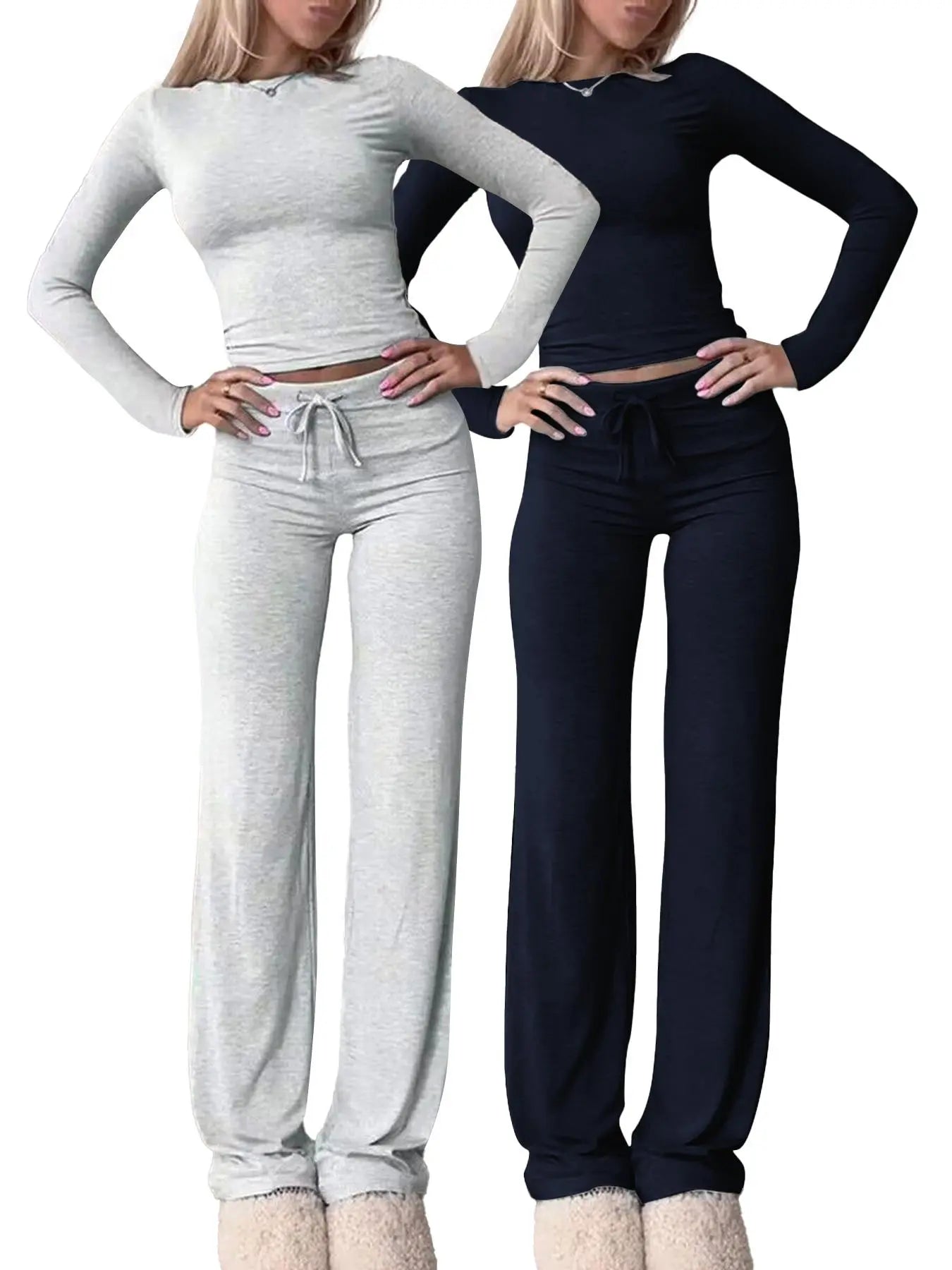 Women'S Solid-Color Long-Sleeve Soft Thick Knit Fabric Crop Tee & High-Waisted Drawstring Pants Two-Piece Set, Casual Slim-Fit Everyday Outfit for Fall and Winter, Womenswear
