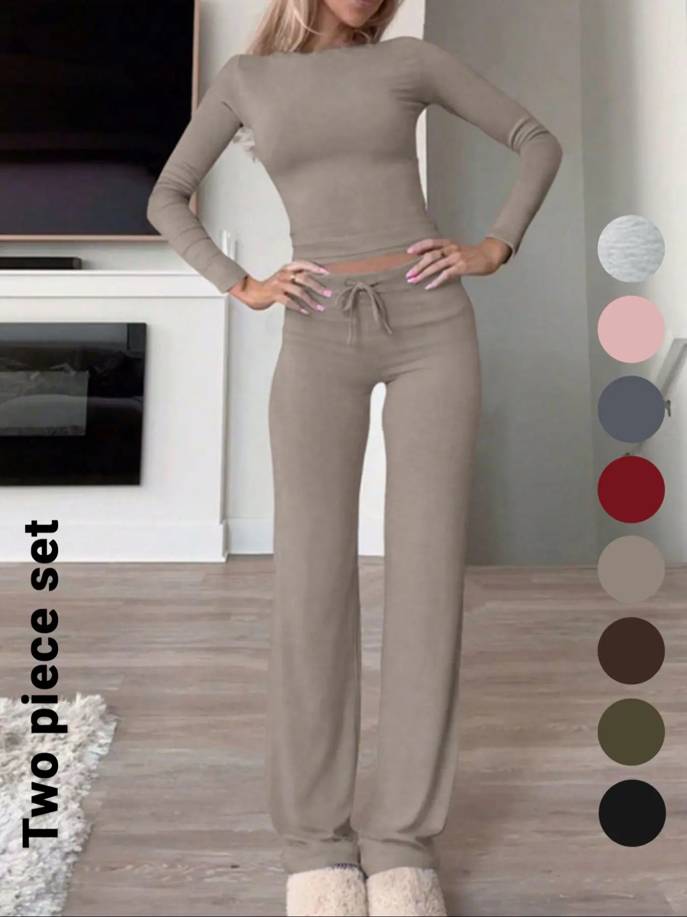 Women'S Solid-Color Long-Sleeve Soft Thick Knit Fabric Crop Tee & High-Waisted Drawstring Pants Two-Piece Set, Casual Slim-Fit Everyday Outfit for Fall and Winter, Womenswear