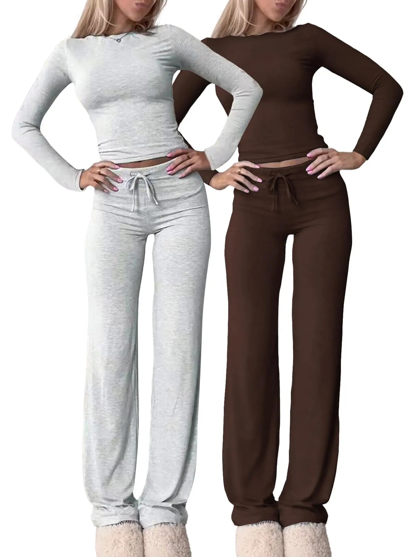 Women'S Solid-Color Long-Sleeve Soft Thick Knit Fabric Crop Tee & High-Waisted Drawstring Pants Two-Piece Set, Casual Slim-Fit Everyday Outfit for Fall and Winter, Womenswear