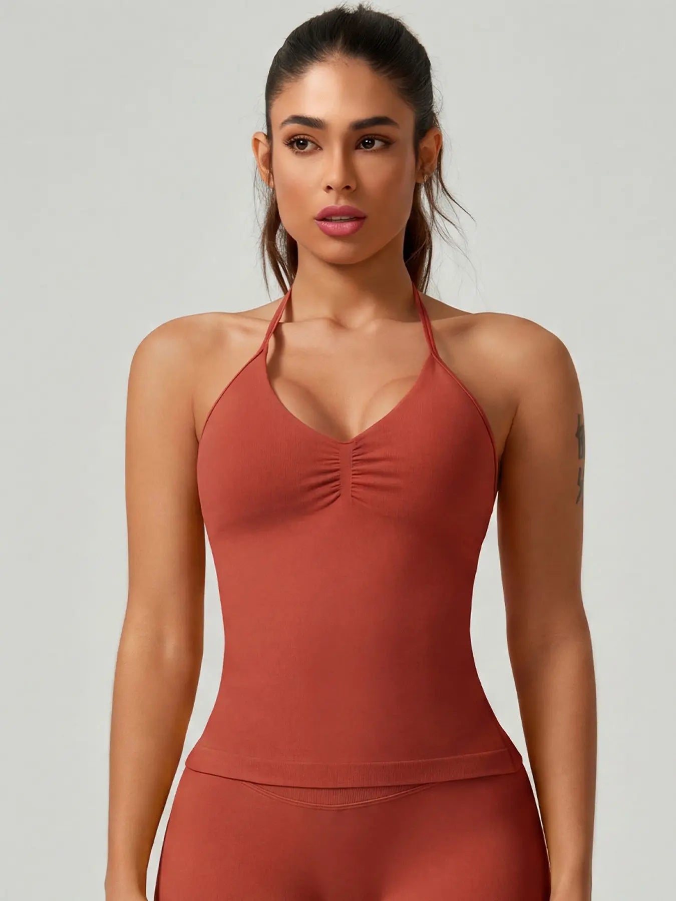 Women'S Solid Color Ruched Halter Neck Sports Vest, Breathable Comfortable Backless Sports Tank Top, Fashion Gym Top for Gym Workout, Ladies Sportswear for Indoor Outdoor Wear, Breathable Workout Tops