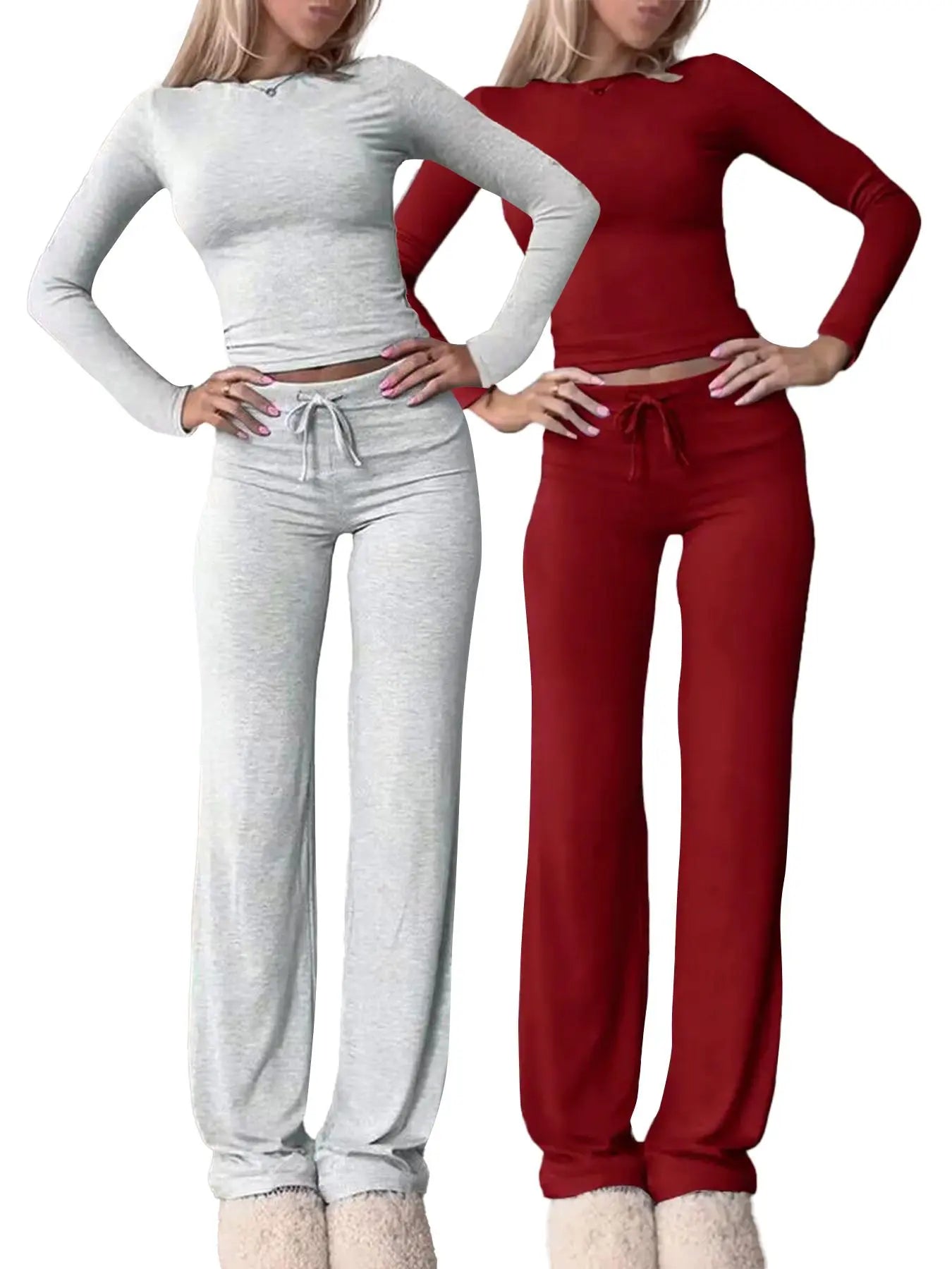Women'S Solid-Color Long-Sleeve Soft Thick Knit Fabric Crop Tee & High-Waisted Drawstring Pants Two-Piece Set, Casual Slim-Fit Everyday Outfit for Fall and Winter, Womenswear