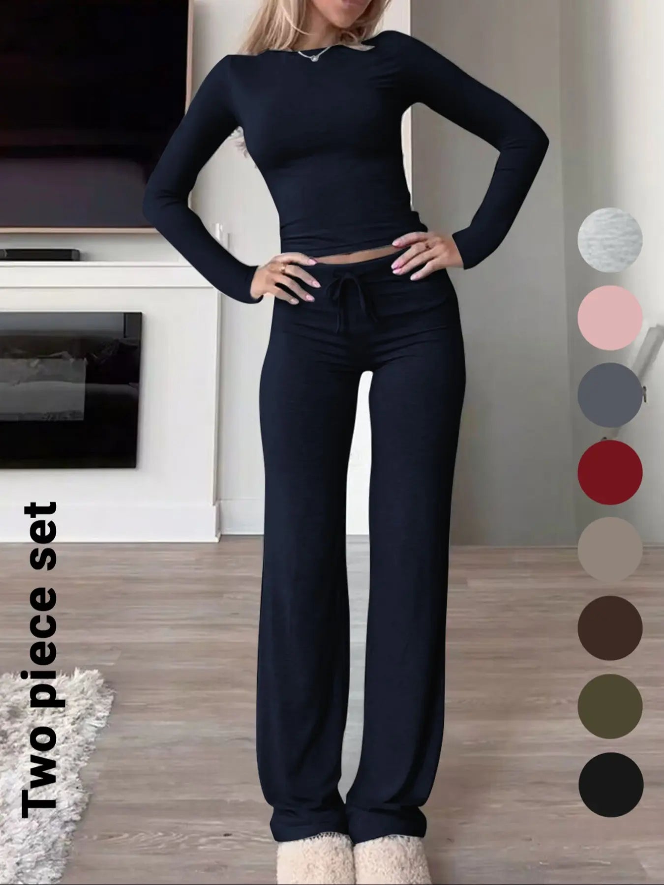 Women'S Solid-Color Long-Sleeve Soft Thick Knit Fabric Crop Tee & High-Waisted Drawstring Pants Two-Piece Set, Casual Slim-Fit Everyday Outfit for Fall and Winter, Womenswear