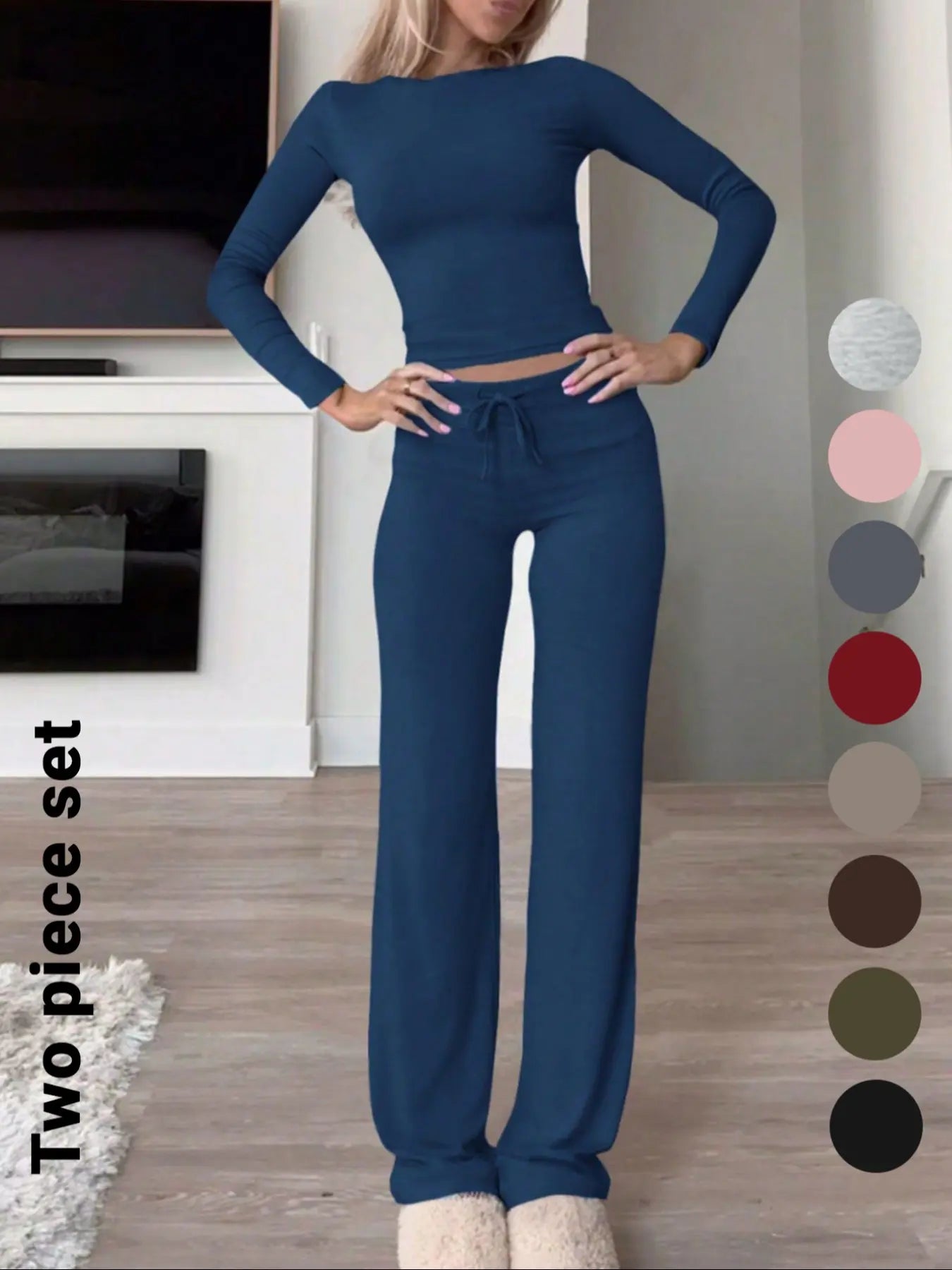 Women'S Solid-Color Long-Sleeve Soft Thick Knit Fabric Crop Tee & High-Waisted Drawstring Pants Two-Piece Set, Casual Slim-Fit Everyday Outfit for Fall and Winter, Womenswear