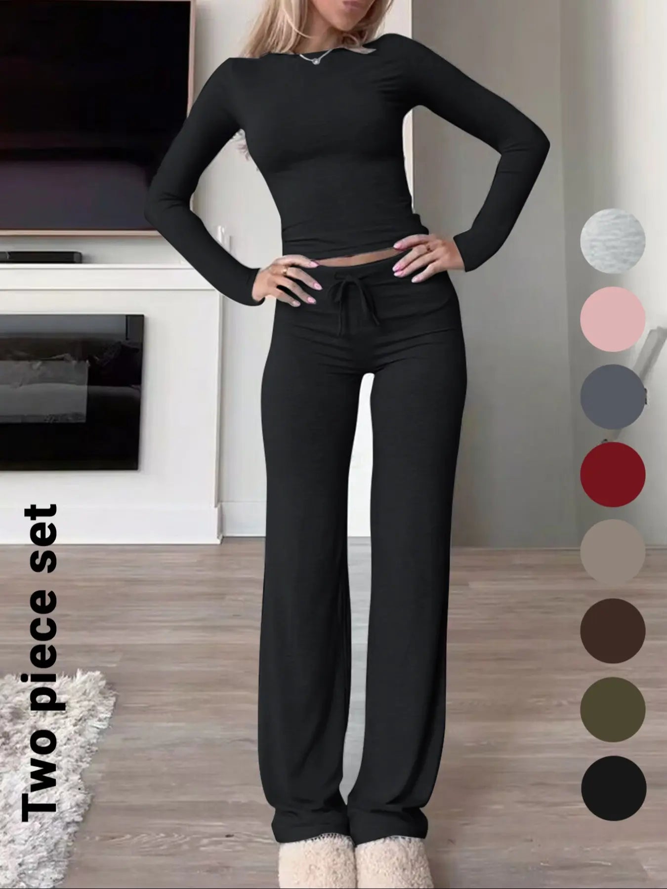 Women'S Solid-Color Long-Sleeve Soft Thick Knit Fabric Crop Tee & High-Waisted Drawstring Pants Two-Piece Set, Casual Slim-Fit Everyday Outfit for Fall and Winter, Womenswear