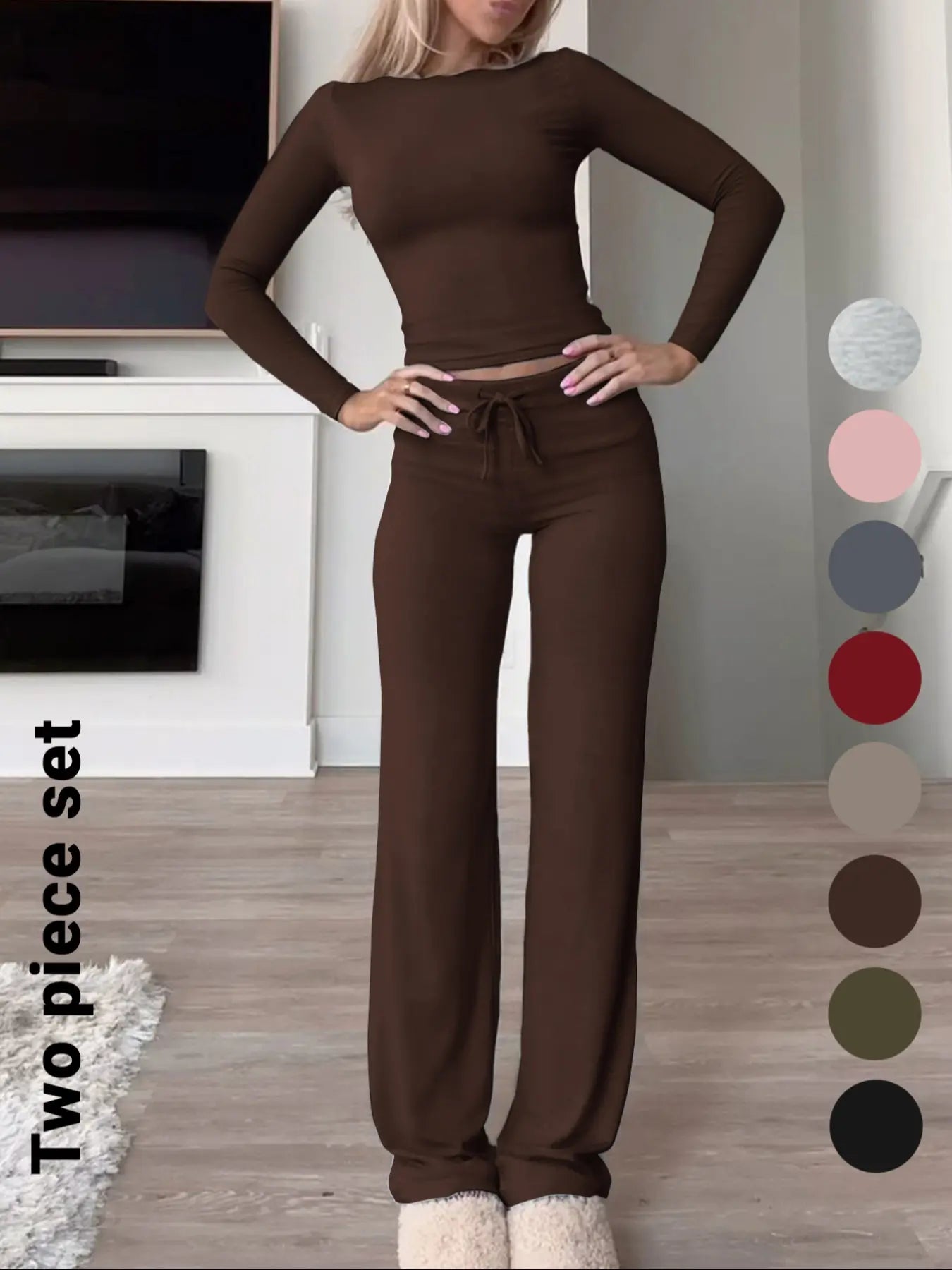 Women'S Solid-Color Long-Sleeve Soft Thick Knit Fabric Crop Tee & High-Waisted Drawstring Pants Two-Piece Set, Casual Slim-Fit Everyday Outfit for Fall and Winter, Womenswear