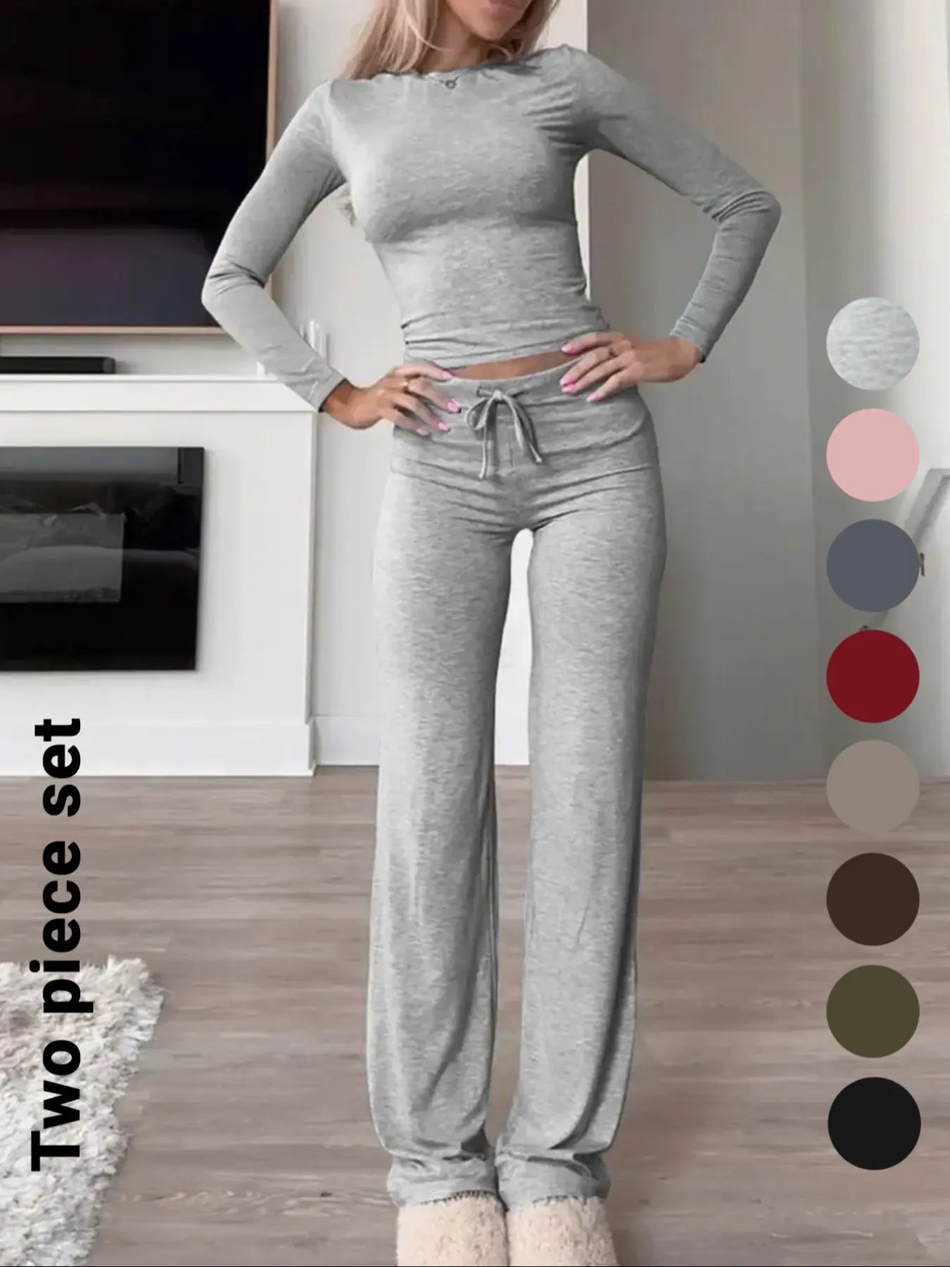 Women'S Solid-Color Long-Sleeve Soft Thick Knit Fabric Crop Tee & High-Waisted Drawstring Pants Two-Piece Set, Casual Slim-Fit Everyday Outfit for Fall and Winter, Womenswear