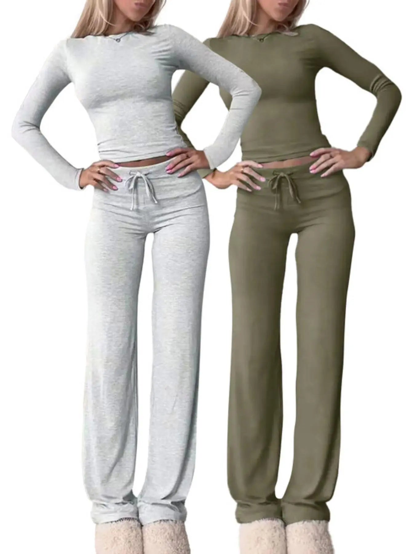 Women'S Solid-Color Long-Sleeve Soft Thick Knit Fabric Crop Tee & High-Waisted Drawstring Pants Two-Piece Set, Casual Slim-Fit Everyday Outfit for Fall and Winter, Womenswear