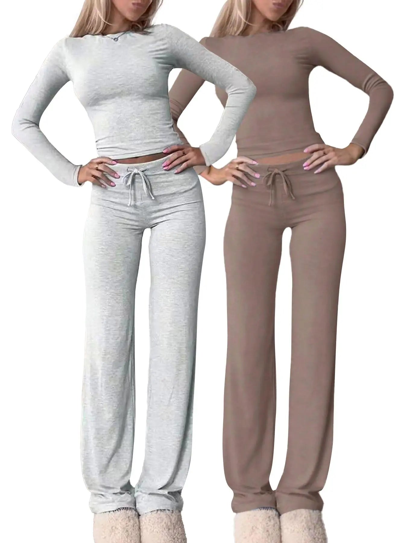 Women'S Solid-Color Long-Sleeve Soft Thick Knit Fabric Crop Tee & High-Waisted Drawstring Pants Two-Piece Set, Casual Slim-Fit Everyday Outfit for Fall and Winter, Womenswear